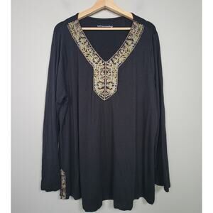 Soft Surroundings Embroidered V Neck Top Womens Plus 1X Black Stretch